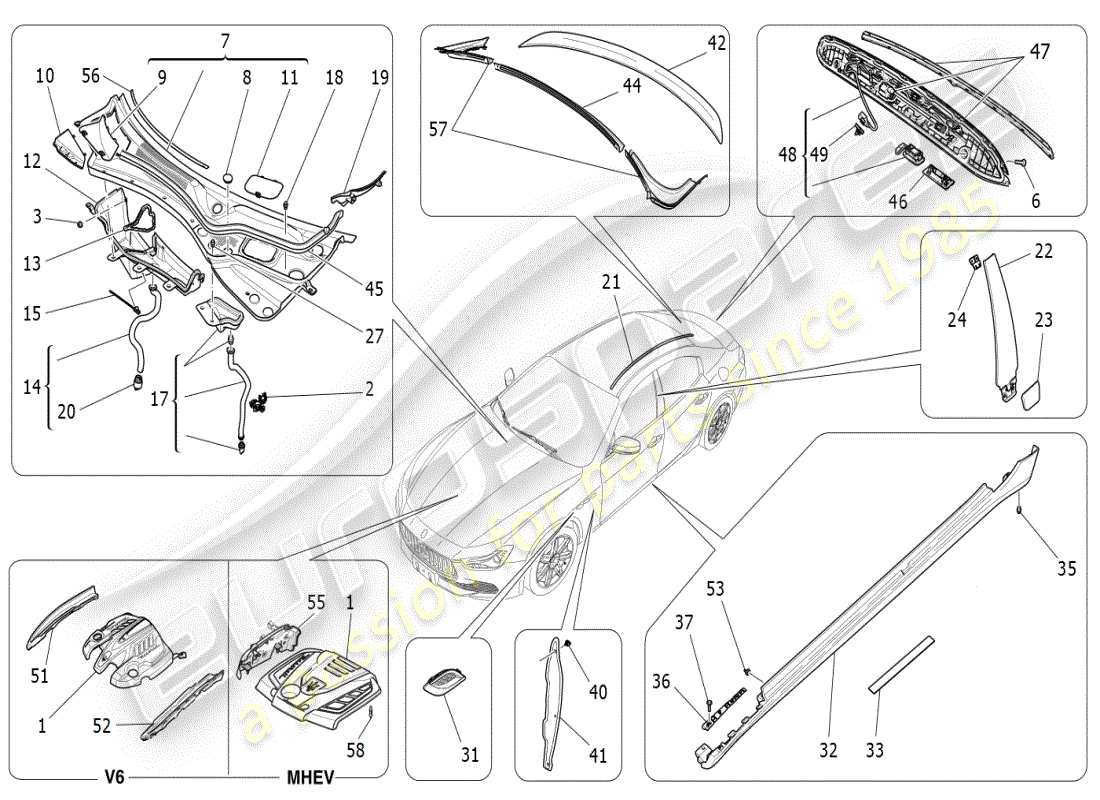maserati ghibli (2019) schema delle parti di scudi, finiture e pannelli di copertura