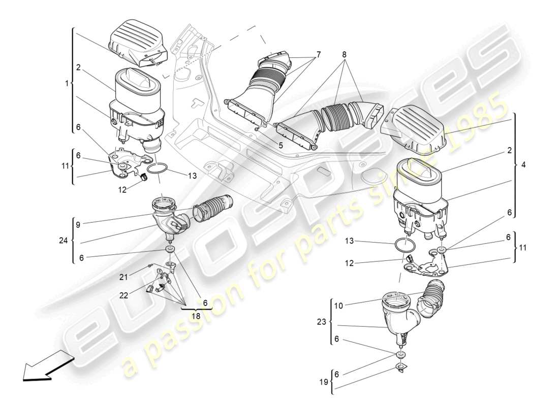 maserati levante modena s (2022) diagramma delle parti del filtro dell'aria, della presa d'aria e dei condotti