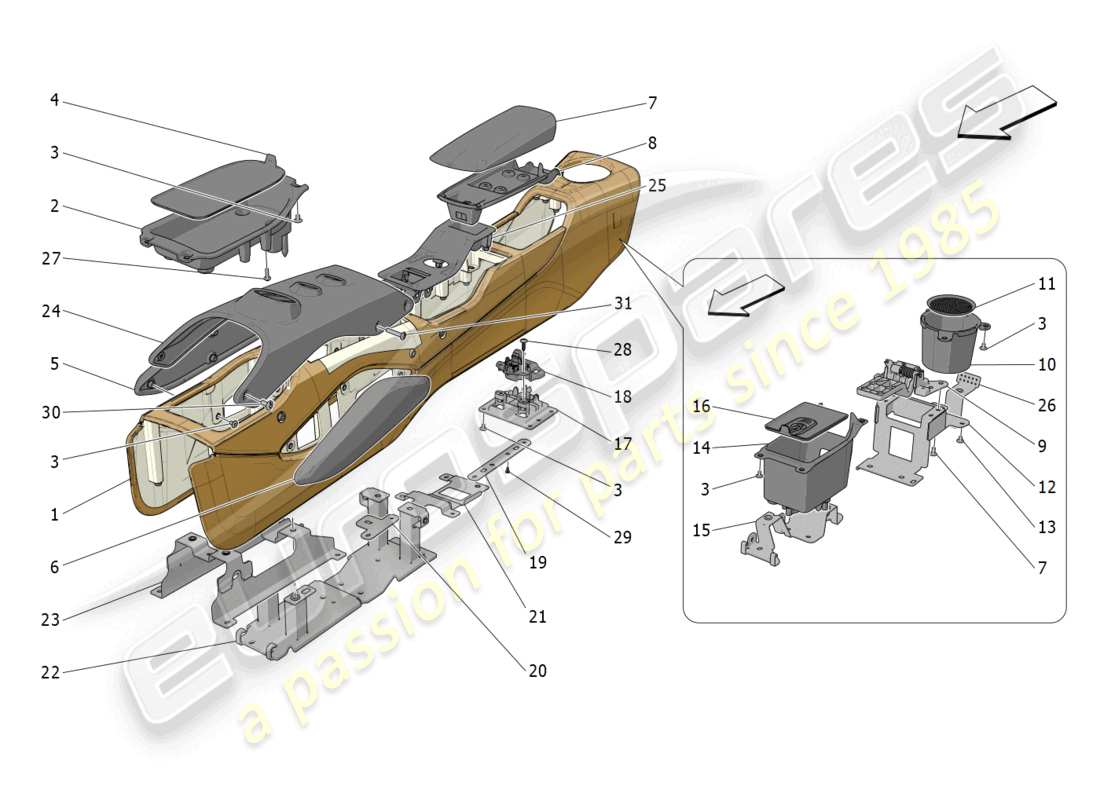 maserati mc20 (2023) schema delle parti della console accessoria e della console centrale