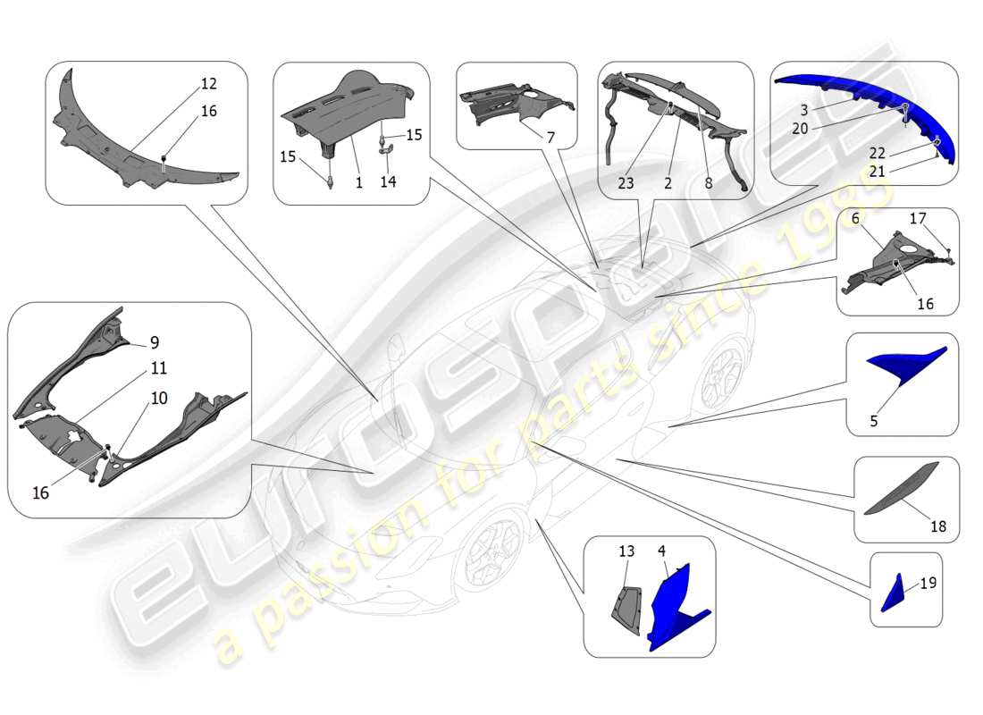 maserati mc20 (2023) schema delle parti di scudi, finiture e pannelli di copertura