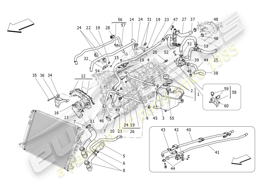 maserati quattroporte (2018) sistema di raffreddamento: diagramma delle parti di nourice e linee