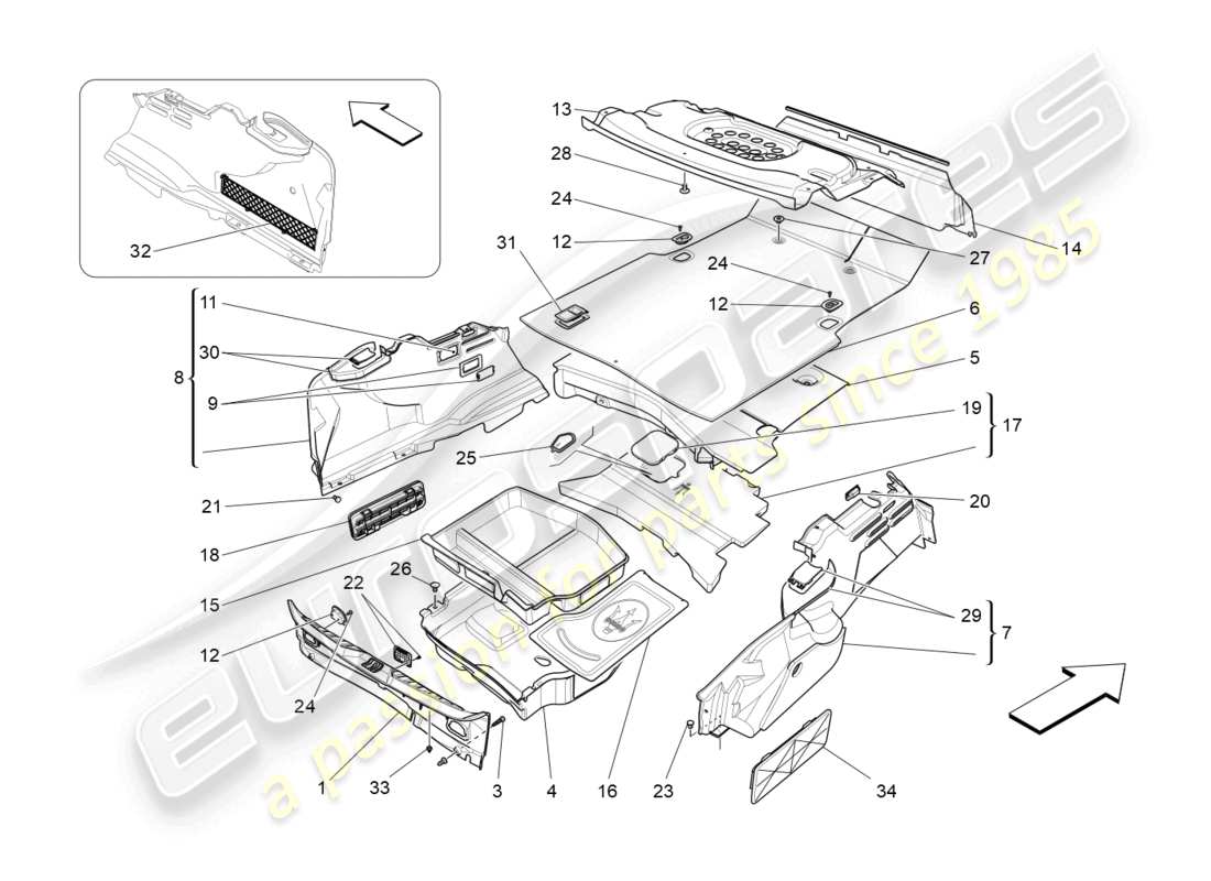 maserati quattroporte (2018) diagramma delle parti dei tappetini del vano bagagli