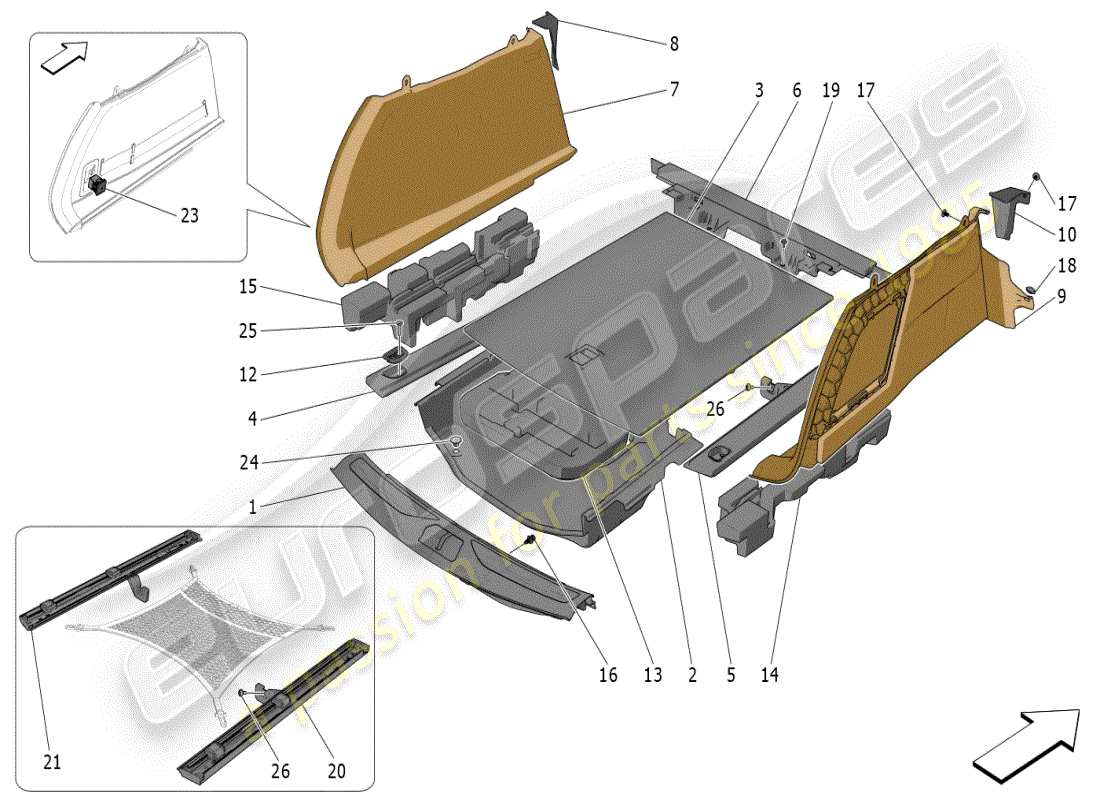 maserati grecale modena (2023) diagramma delle parti dei tappetini del vano bagagli