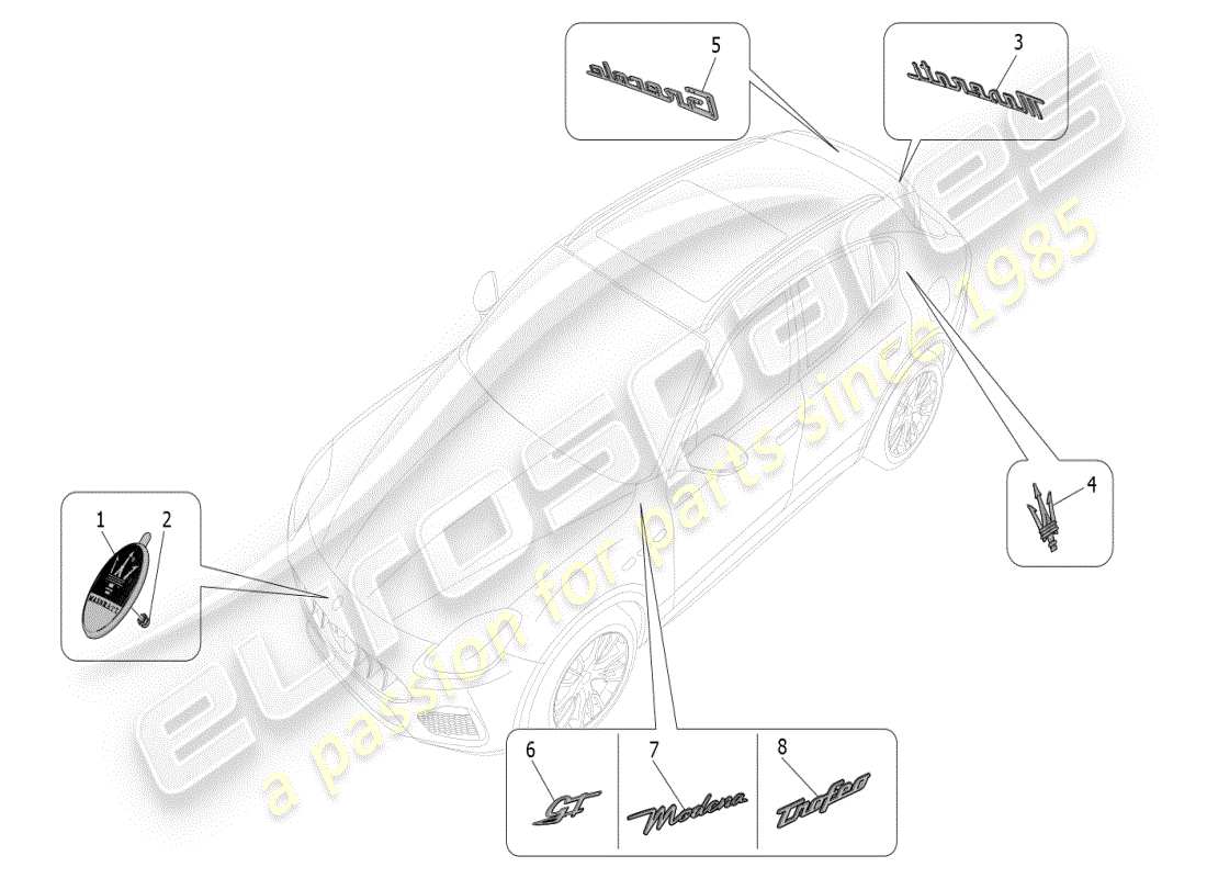 maserati grecale modena (2023) diagramma delle parti di finiture, marchi e simboli