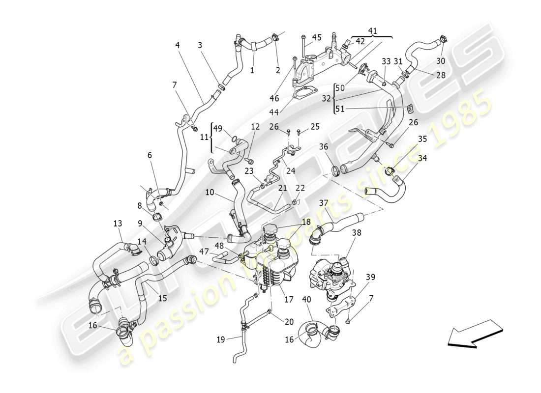 maserati ghibli fragment (2022) sistema di raffreddamento: diagramma delle parti di nourice e linee
