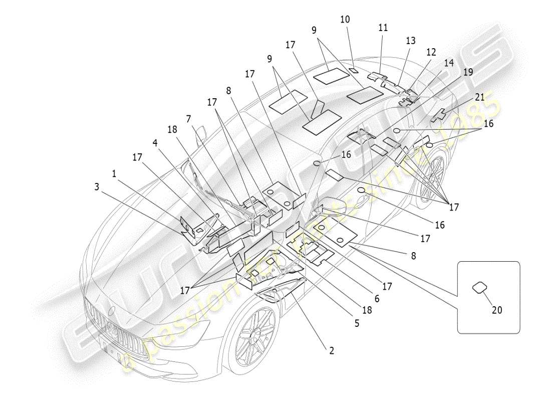 maserati ghibli (2019) pannelli insonorizzati all'interno del diagramma delle parti del veicolo
