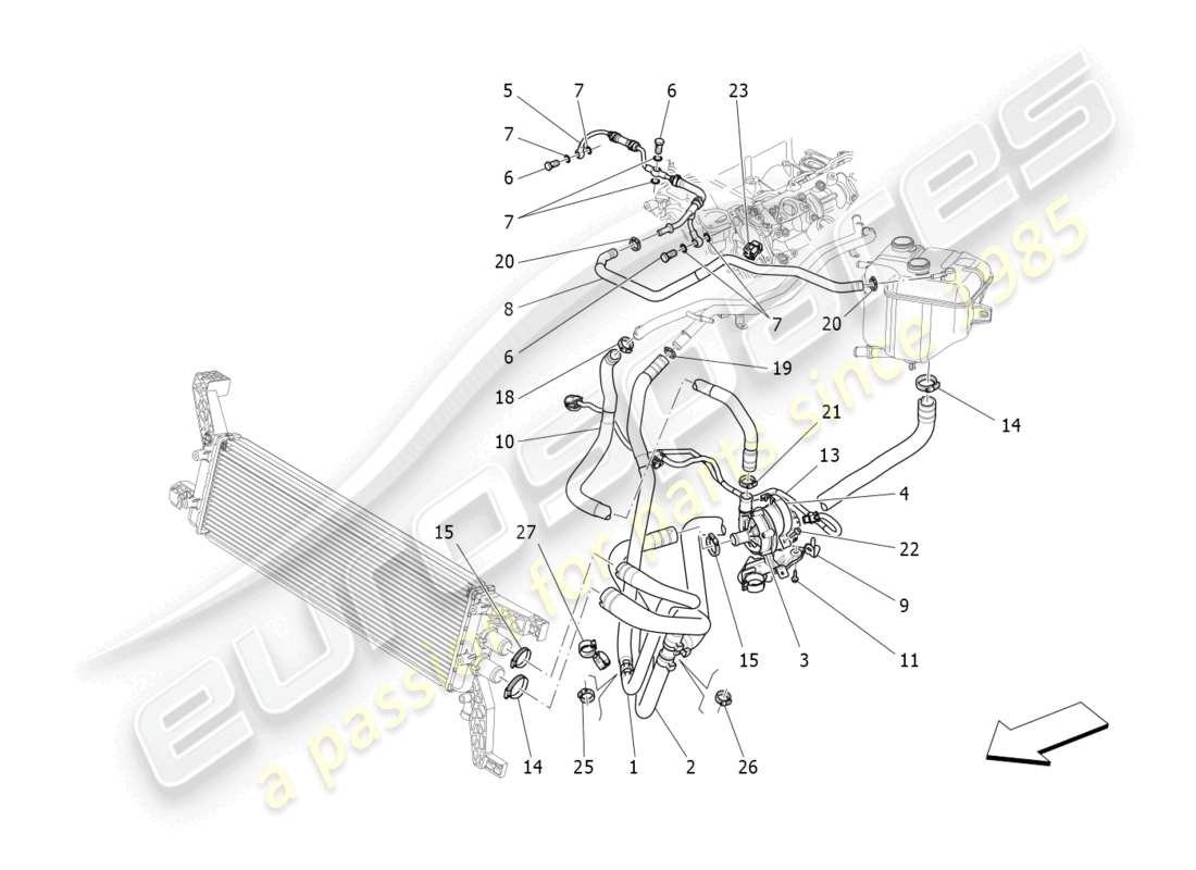 maserati levante gts (2020) sistema di raffreddamento: diagramma delle parti di nourice e linee