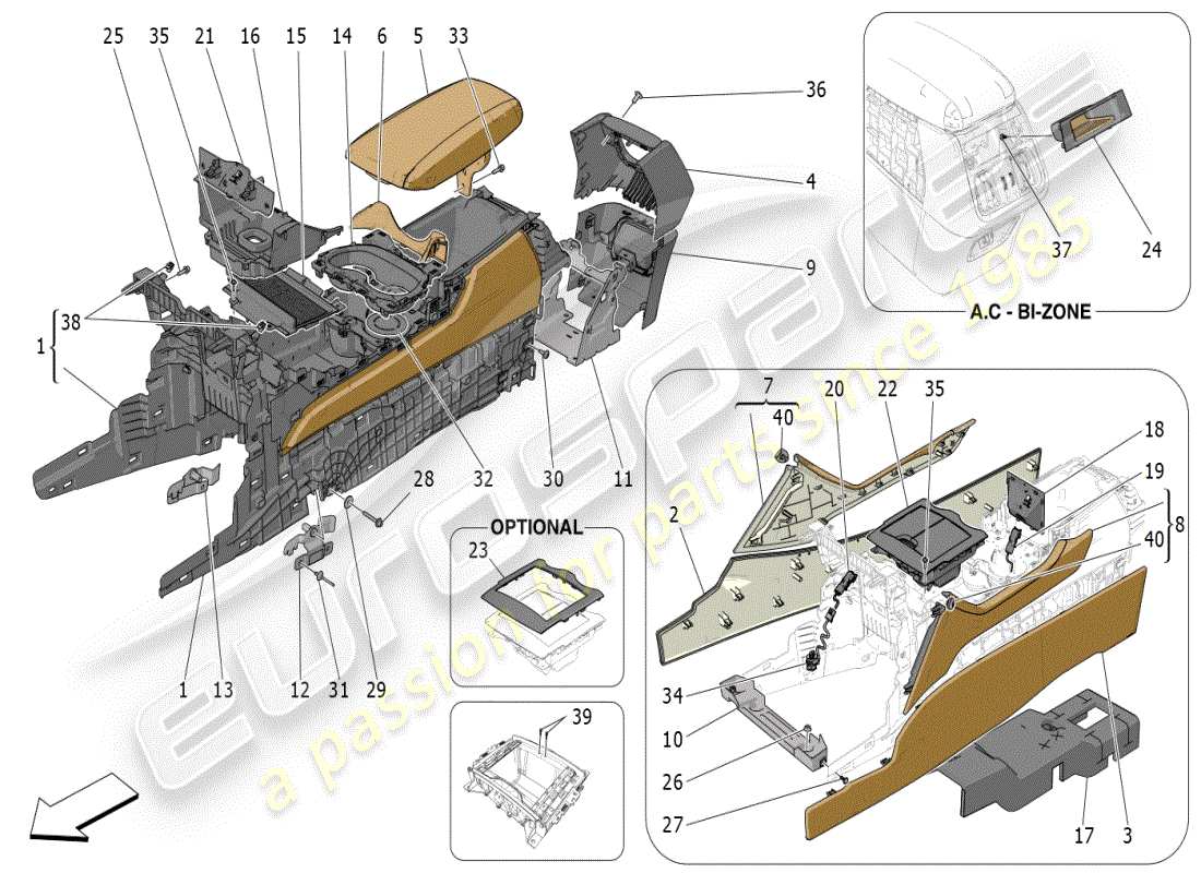 maserati grecale modena (2023) schema delle parti della console accessoria e della console centrale