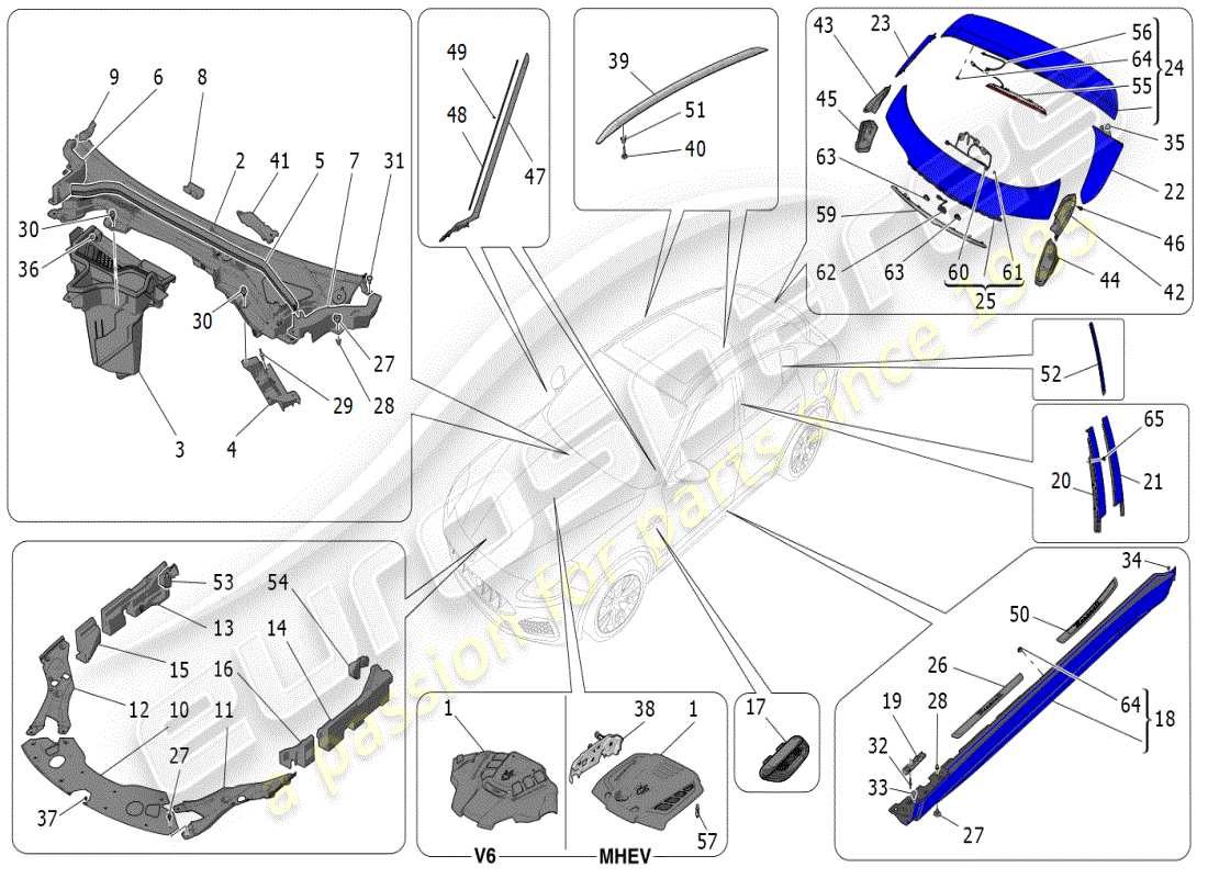 maserati grecale modena (2023) schema delle parti di scudi, finiture e pannelli di copertura