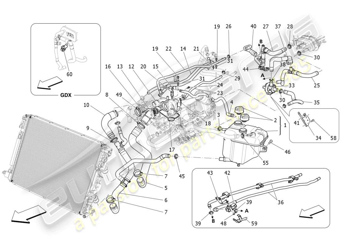 maserati levante gts (2020) sistema di raffreddamento: diagramma delle parti di nourice e linee