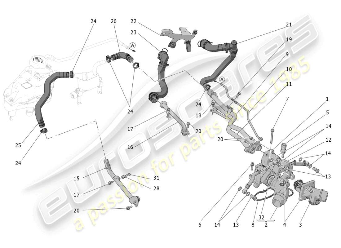 maserati grecale trofeo (2023) sistema di raffreddamento: diagramma delle parti di nourice e linee