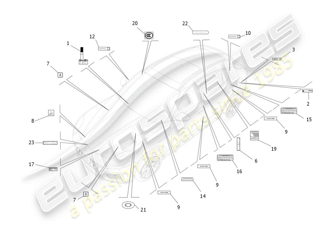maserati grecale gt (2023) diagramma delle parti di adesivi ed etichette