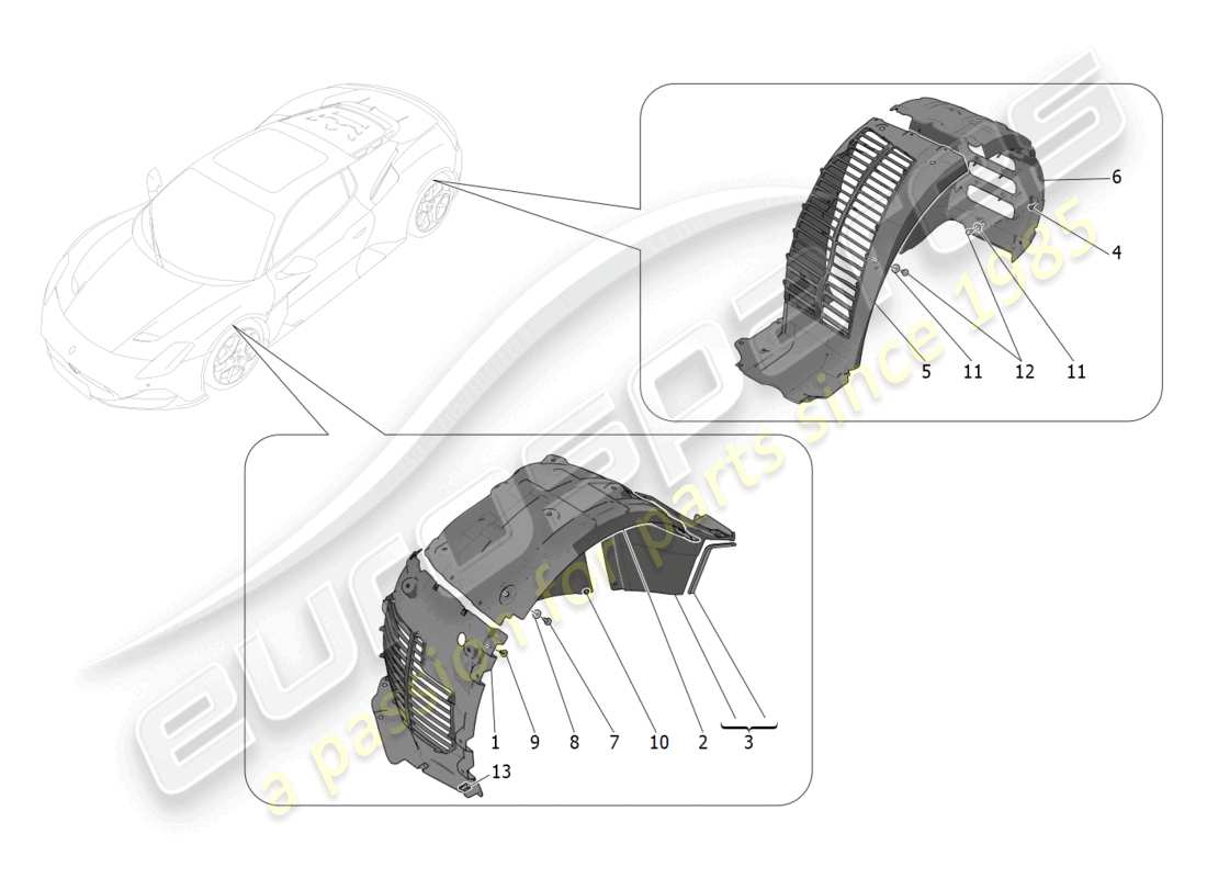 maserati mc20 (2023) diagramma delle parti della timoneria e dei coperchi
