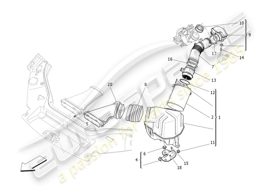 maserati levante (2017) diagramma delle parti del filtro dell'aria, della presa d'aria e dei condotti