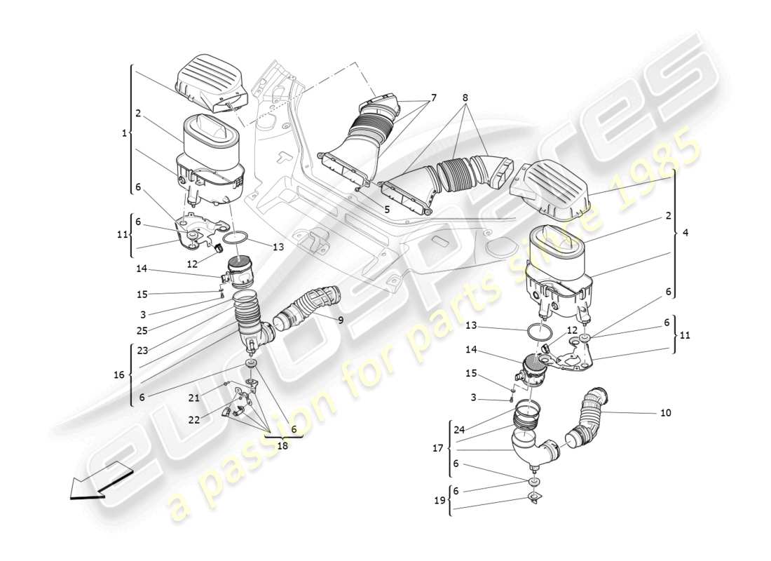 maserati levante zenga (2020) diagramma delle parti del filtro dell'aria, della presa d'aria e dei condotti