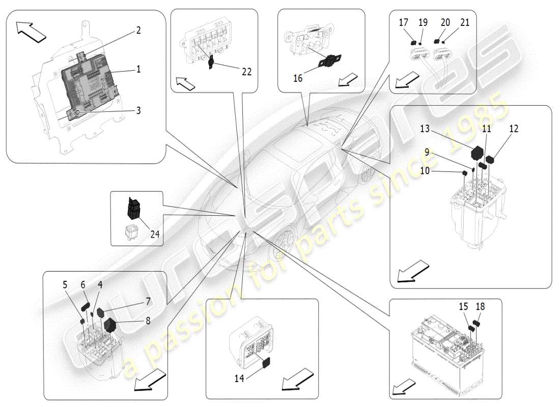 maserati mc20 (2024) schema delle parti di relè, fusibili e scatole