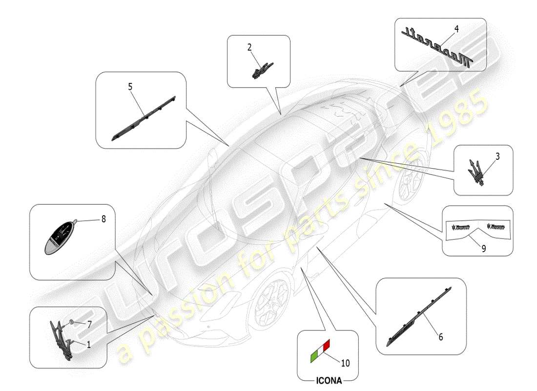maserati mc20 (2024) diagramma delle parti di finiture, marchi e simboli