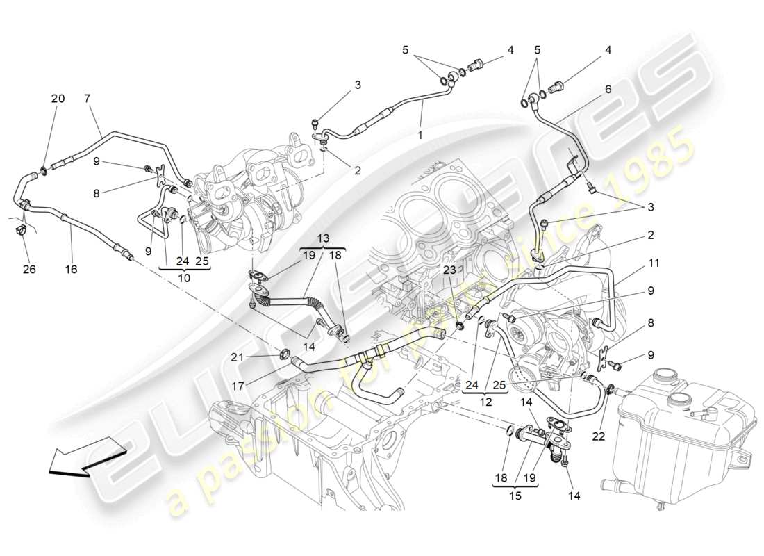 maserati levante modena (2022) sistema turbocompressore: lubrificazione e raffreddamento schema delle parti