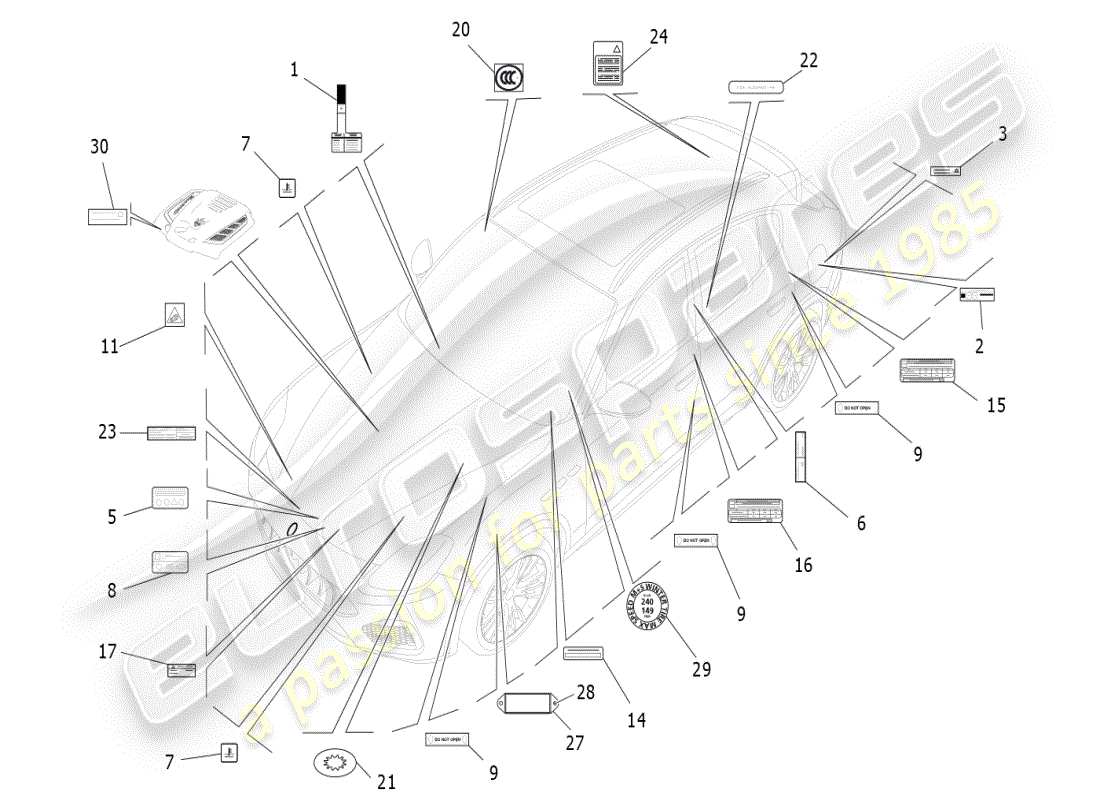 maserati grecale modena (2023) diagramma delle parti di adesivi ed etichette