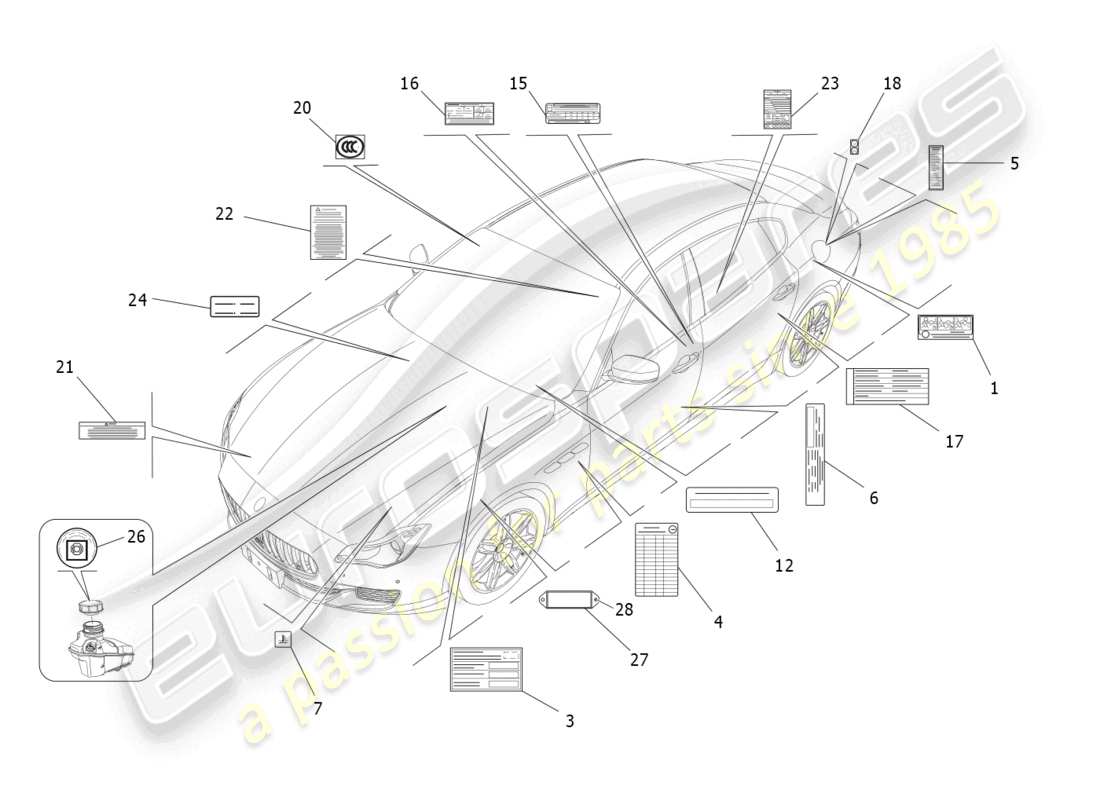 maserati quattroporte (2018) diagramma delle parti di adesivi ed etichette