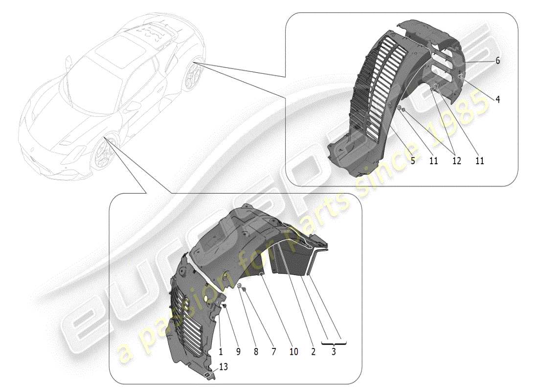 maserati mc20 (2024) timoneria e coperchi diagramma delle parti