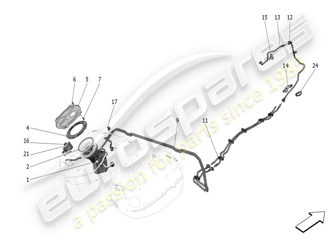 maserati grecale modena (2023) diagramma delle parti delle pompe del carburante e delle linee di collegamento