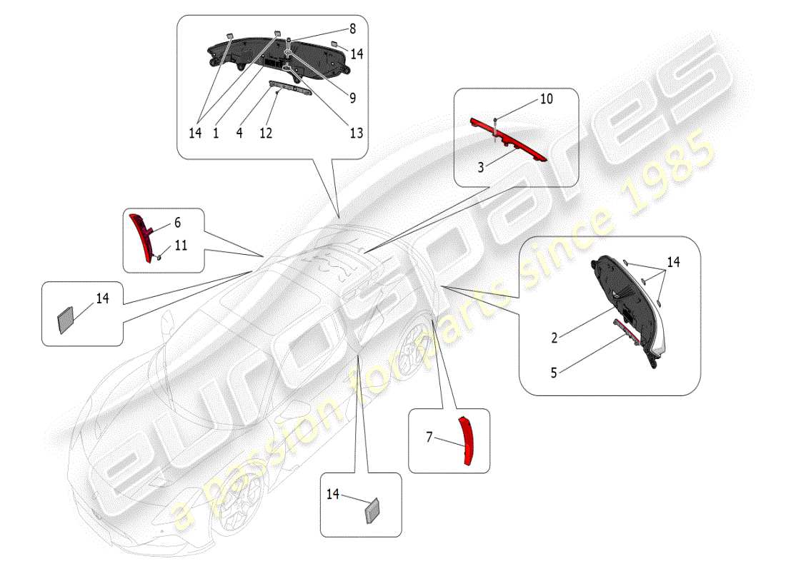 maserati mc20 (2024) gruppi fanali posteriori diagramma delle parti