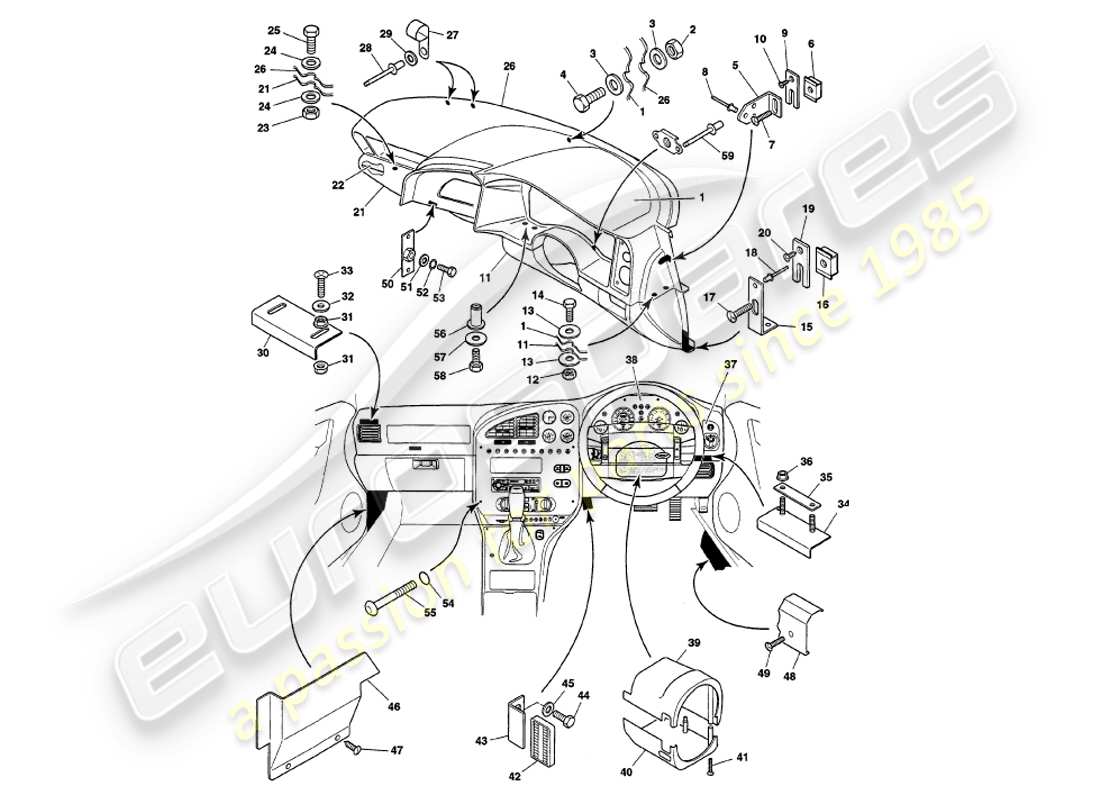 aston martin v8 volante (2000) diagramma delle parti di fascia e rivestimento