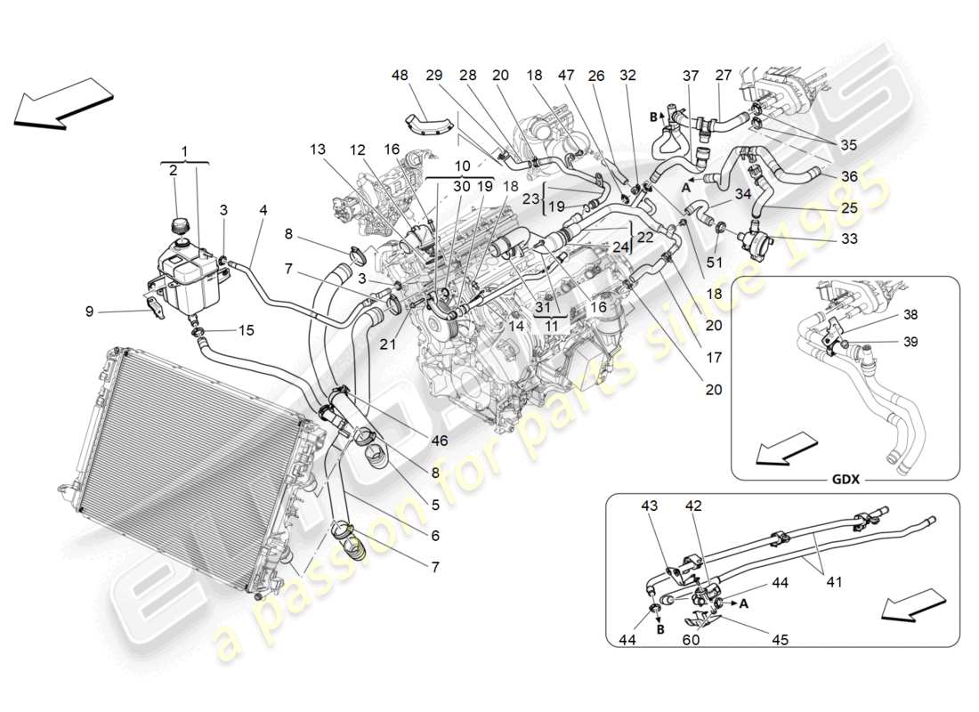 maserati levante (2020) sistema di raffreddamento: alimentazione e linee diagramma delle parti