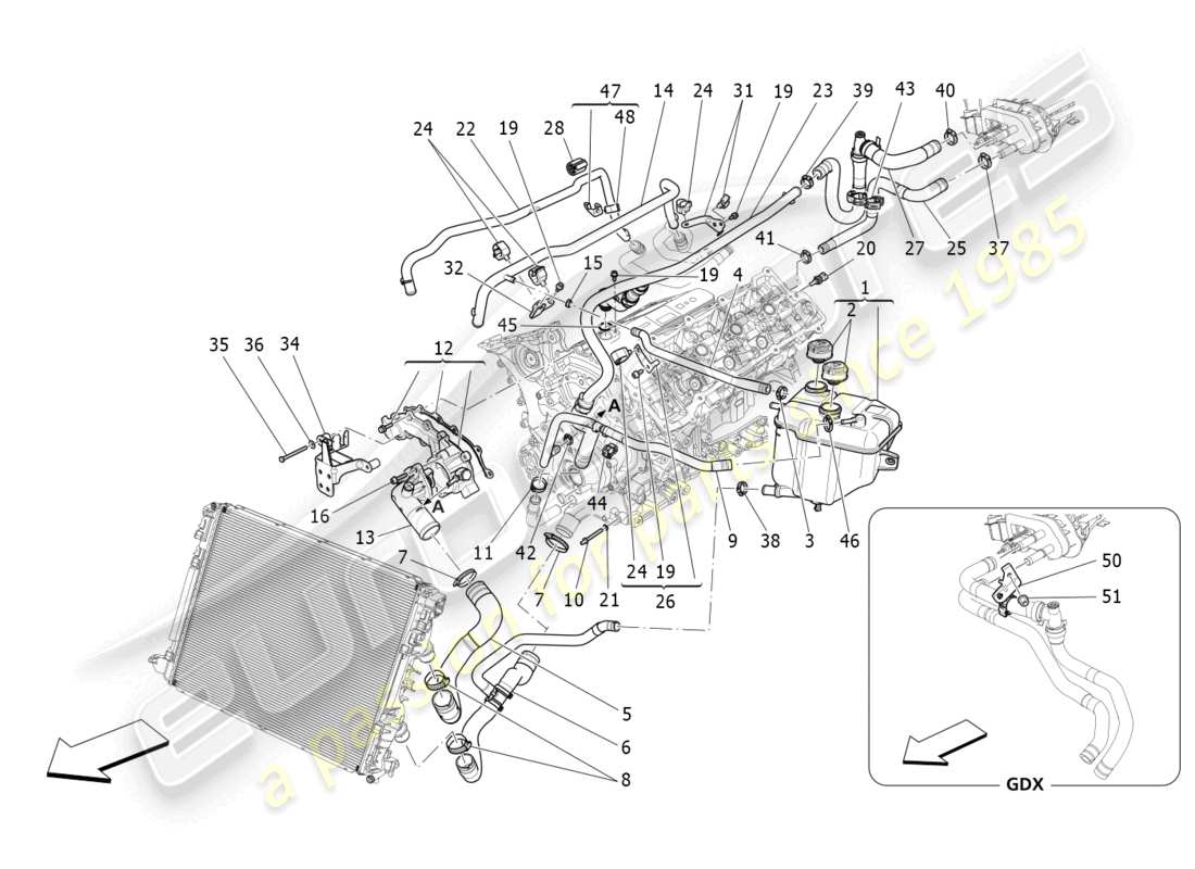 maserati levante (2019) sistema di raffreddamento: alimentazione e linee diagramma delle parti