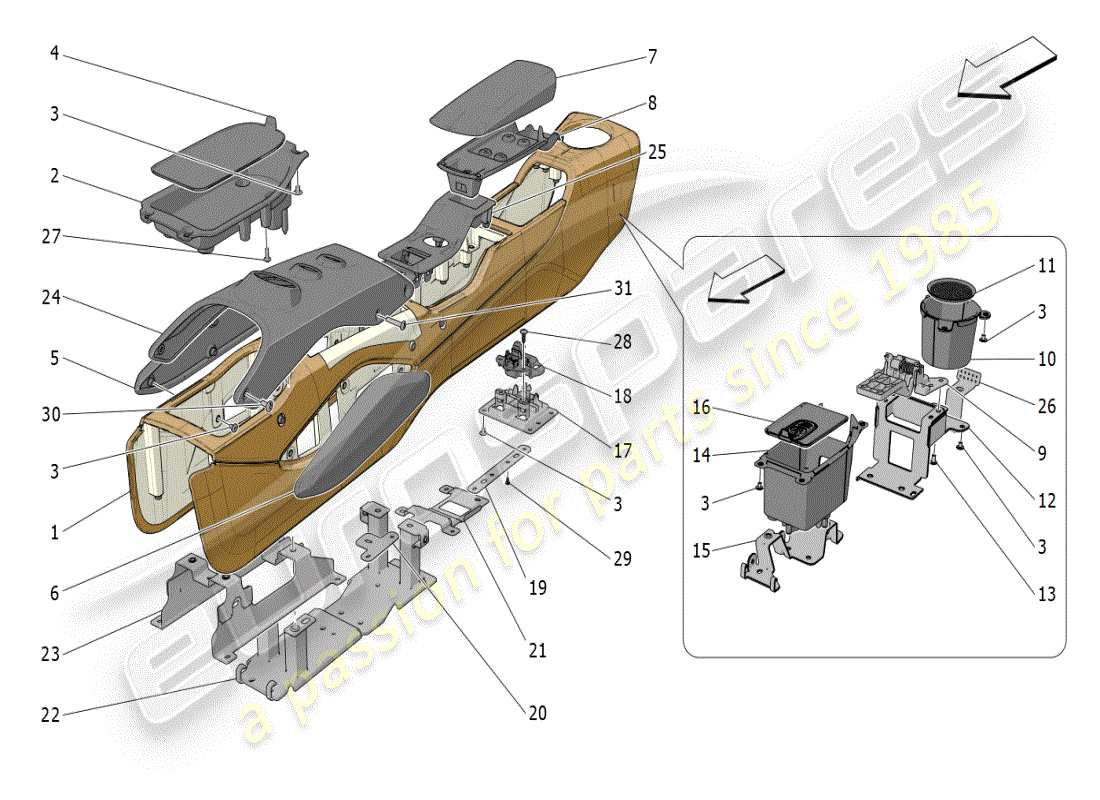 maserati mc20 (2024) console accessori e console centrale diagramma delle parti