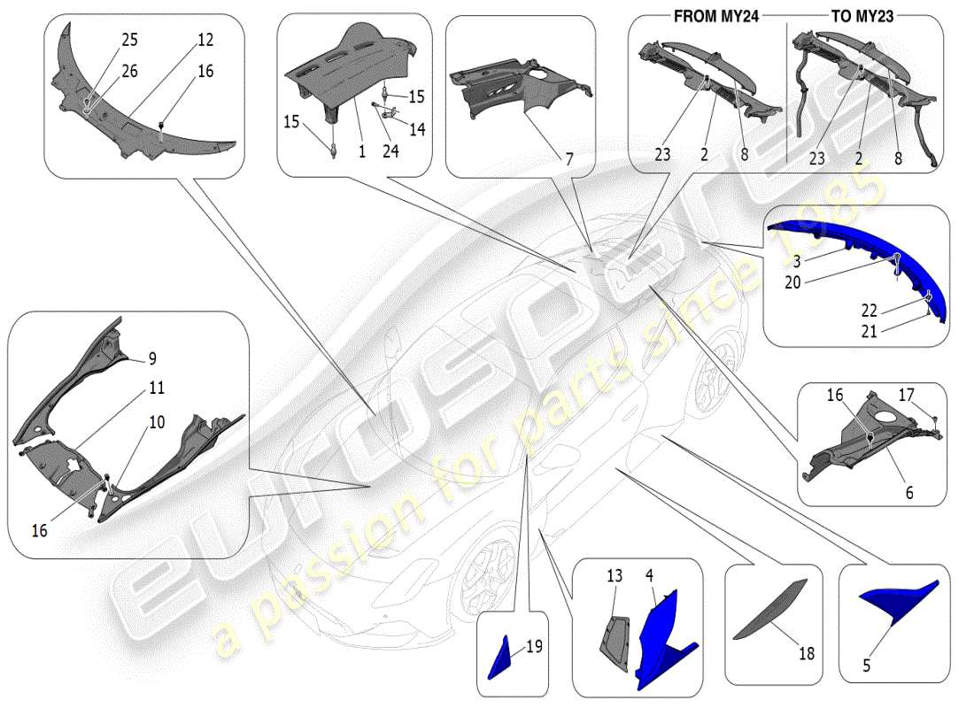 maserati mc20 (2024) schermatura, profili e pannelli di copertura diagramma delle parti