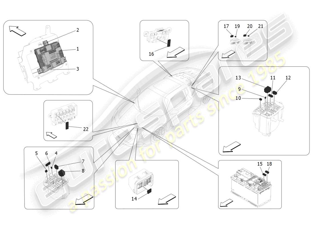 maserati mc20 (2023) schema delle parti di relè, fusibili e scatole