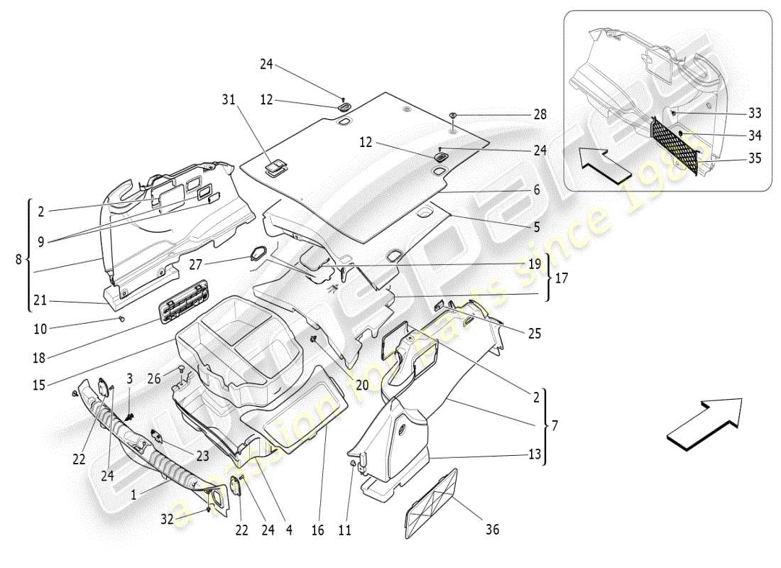 maserati ghibli (2019) diagramma delle parti dei tappetini del vano bagagli