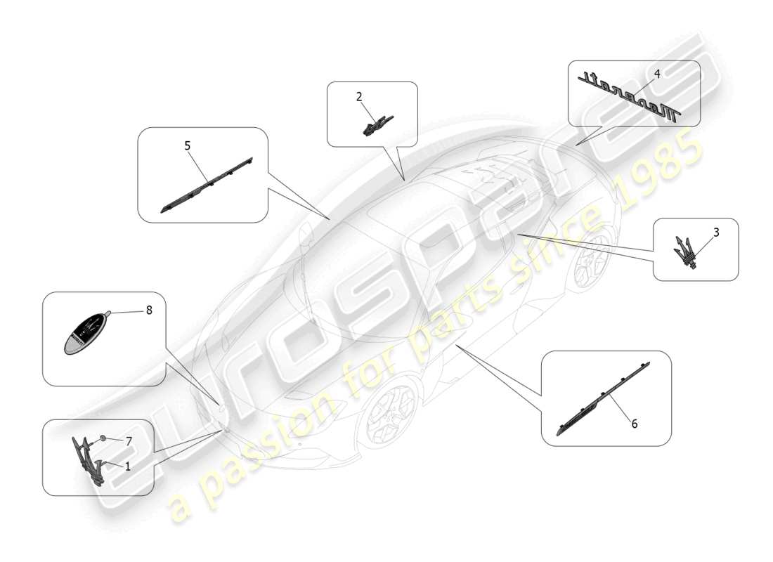 maserati mc20 (2023) diagramma delle parti di finiture, marchi e simboli