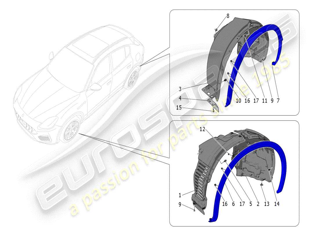 maserati grecale modena (2023) diagramma delle parti della timoneria e dei coperchi