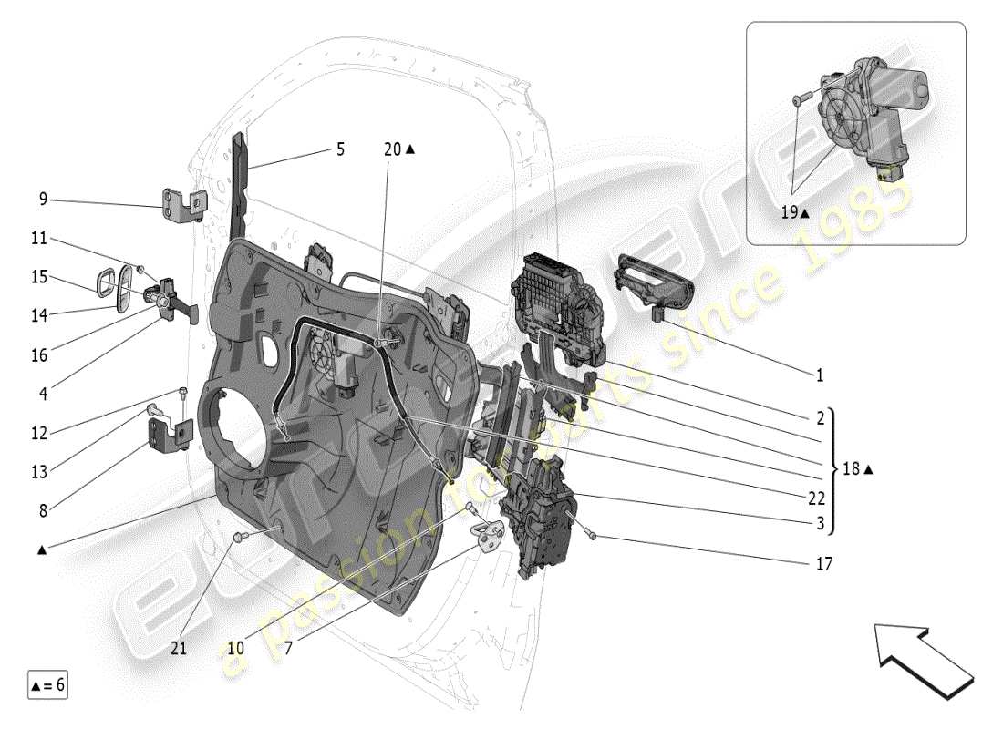 maserati grecale modena (2023) porte anteriori: diagramma delle parti dei meccanismi