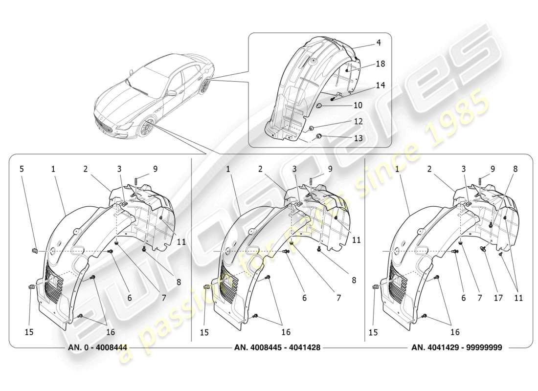 maserati quattroporte (2018) diagramma delle parti della timoneria e dei coperchi