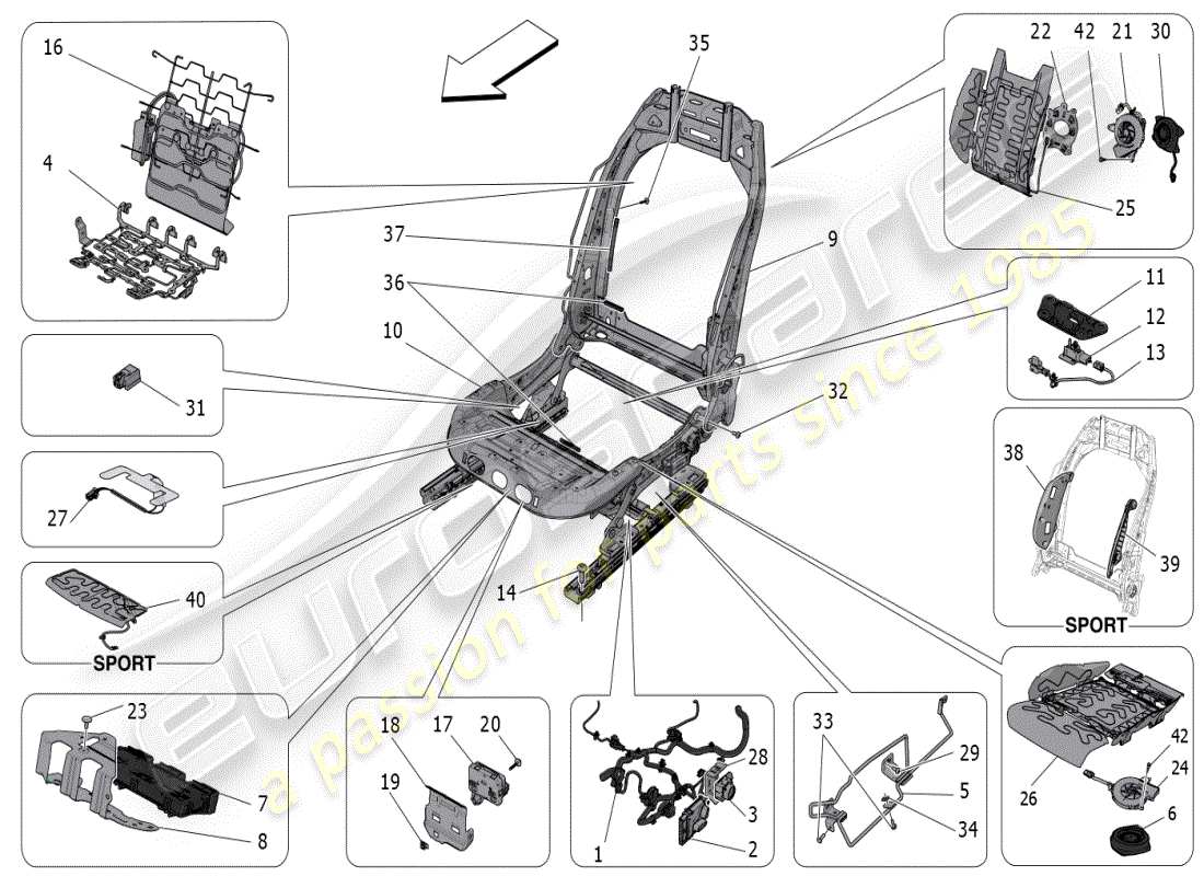 maserati grecale modena (2023) sedili anteriori: diagramma delle parti meccaniche ed elettroniche