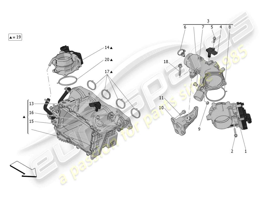 maserati grecale gt (2023) schema della parte del collettore di aspirazione e del corpo farfallato