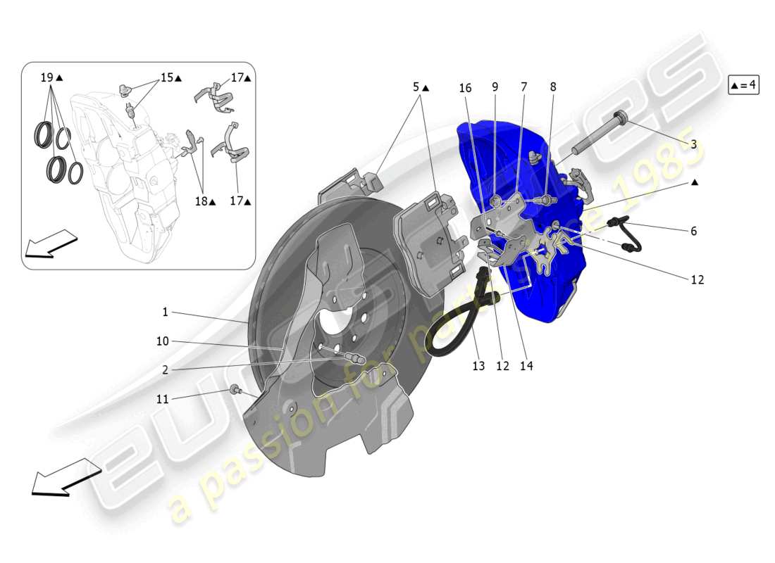 maserati grecale gt (2023) schema parziale dei dispositivi di frenatura sulle ruote anteriori