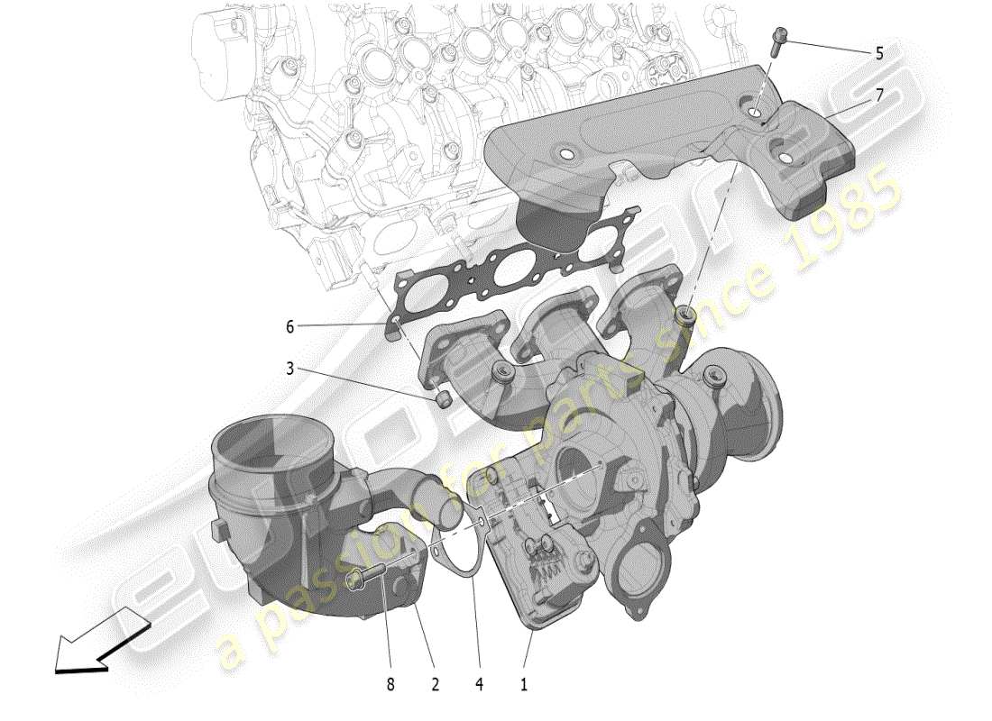 maserati mc20 (2024) sistema di turbocompressione: attrezzature diagramma delle parti