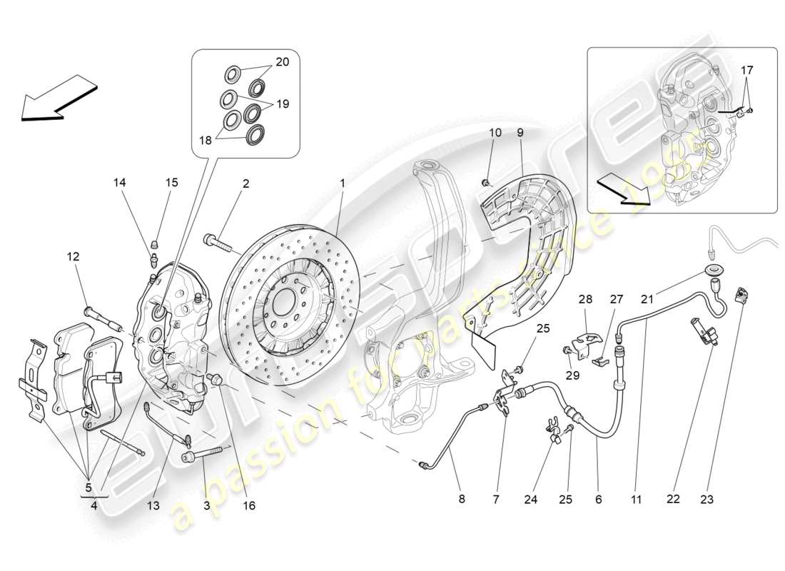 maserati levante gt (2022) schema parziale dei dispositivi di frenatura sulle ruote anteriori
