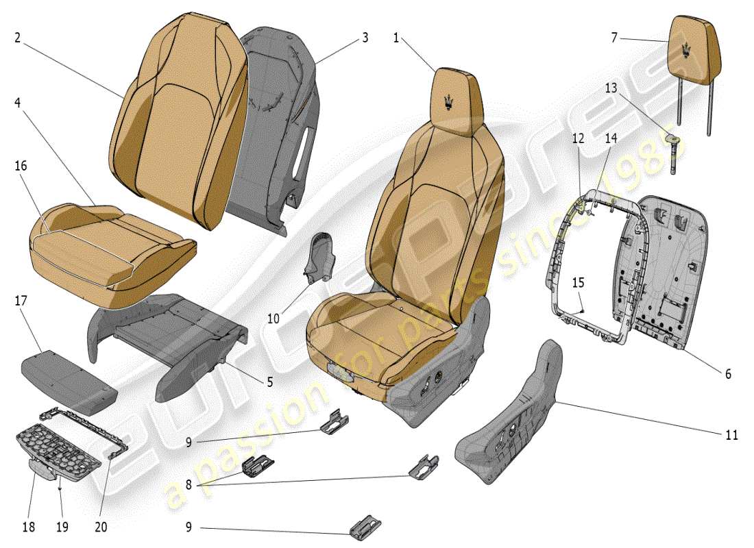 maserati grecale modena (2023) sedili anteriori: schema delle parti dei pannelli di rivestimento
