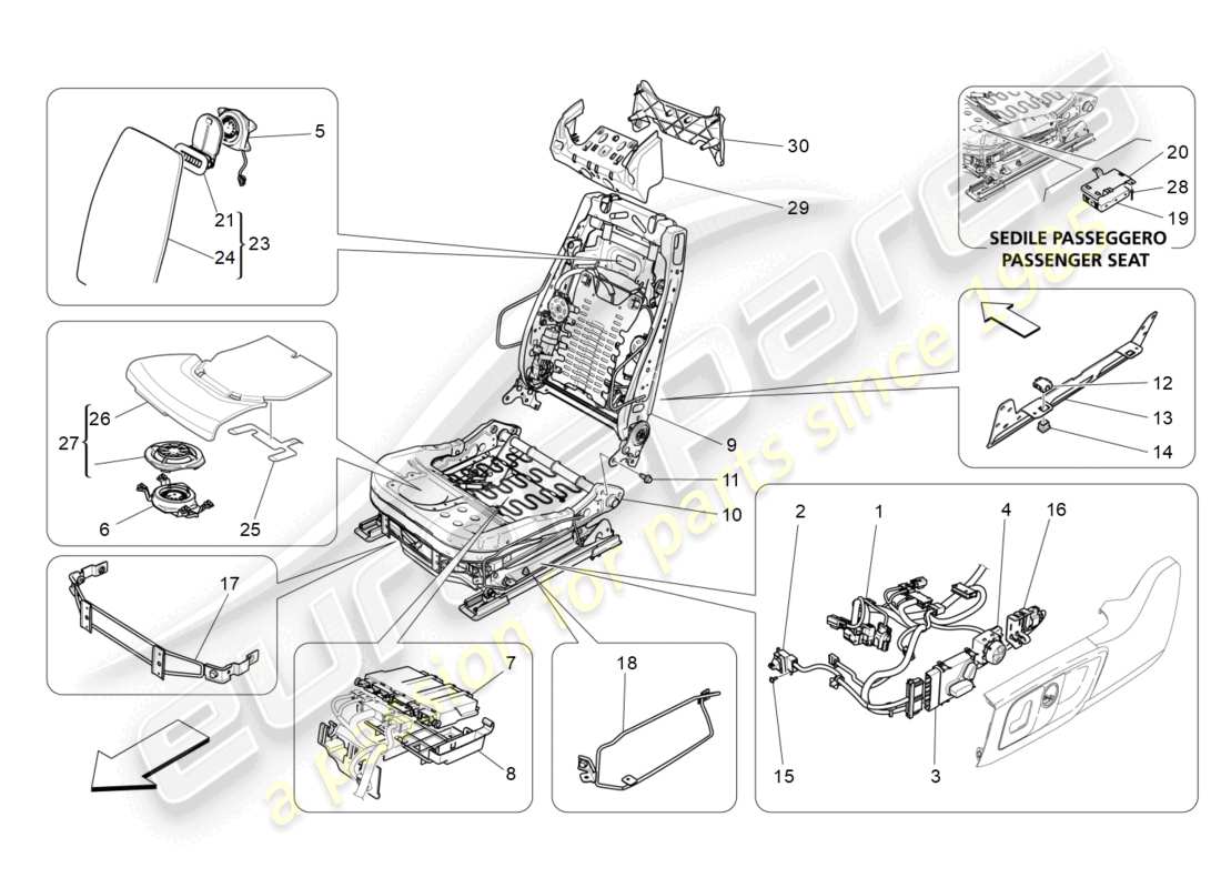 maserati ghibli (2017) sedili anteriori: diagramma delle parti meccaniche ed elettroniche