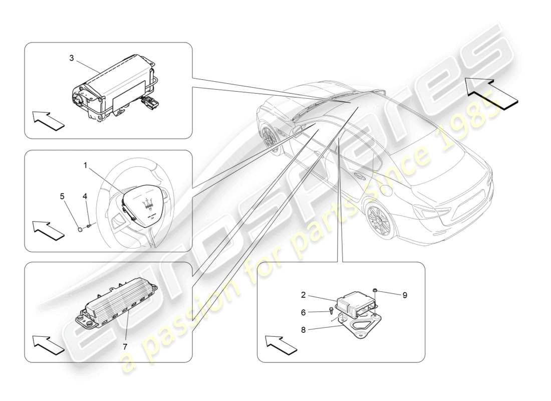 maserati ghibli (2017) diagramma delle parti del sistema airbag anteriore