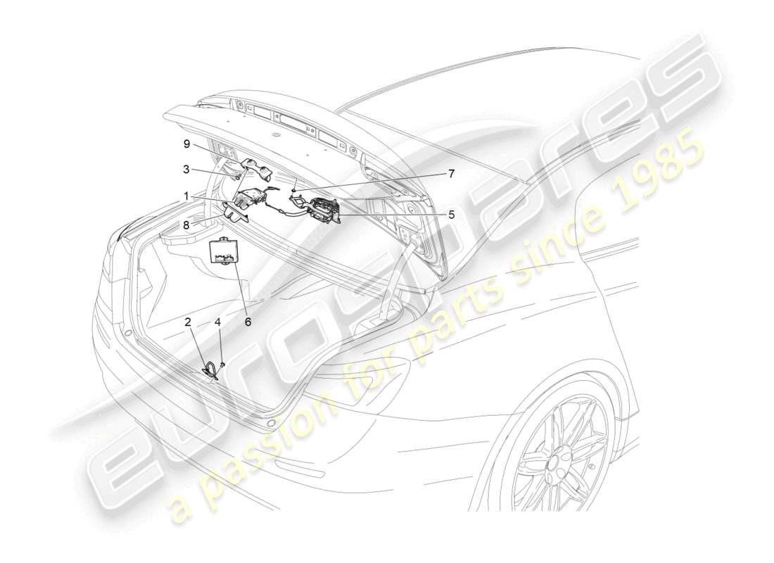 maserati ghibli (2017) schema delle parti del controllo dell'apertura del cofano posteriore