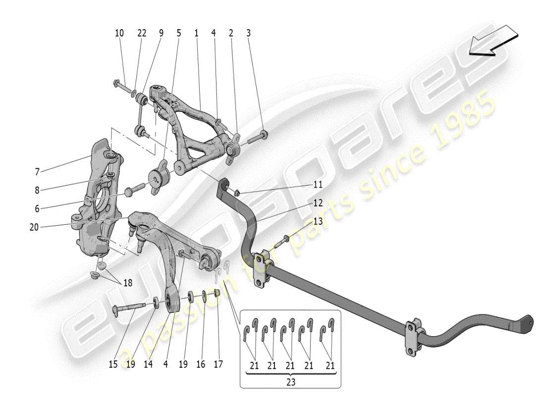 maserati mc20 (2024) diagramma delle parti della sospensione anteriore