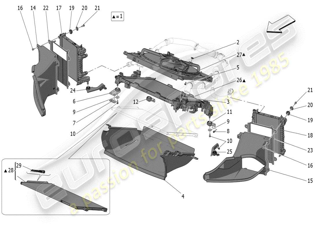 maserati mc20 (2024) raffreddamento: diagramma delle parti dei radiatori dell'aria e dei condotti