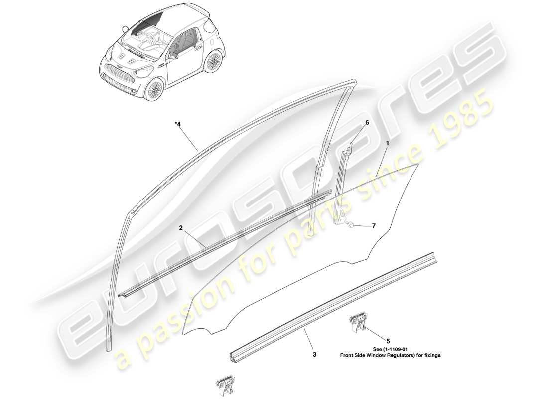 aston martin cygnet (2012) vetro della porta anteriore diagramma delle parti